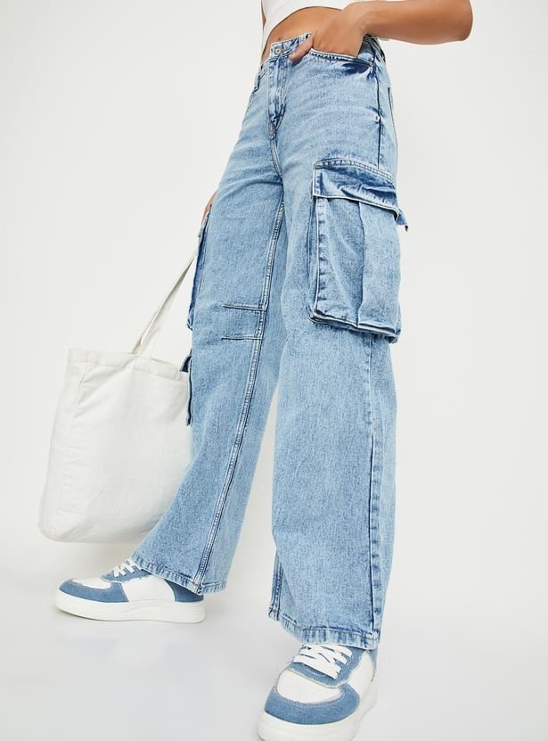 Women Washed Cargo Jeans
