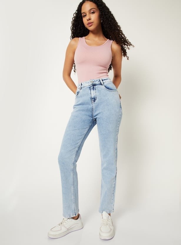 Women Washed Slim Straight Jeans